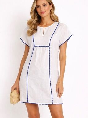 Sportscraft White Linen Dress with Blue Trim